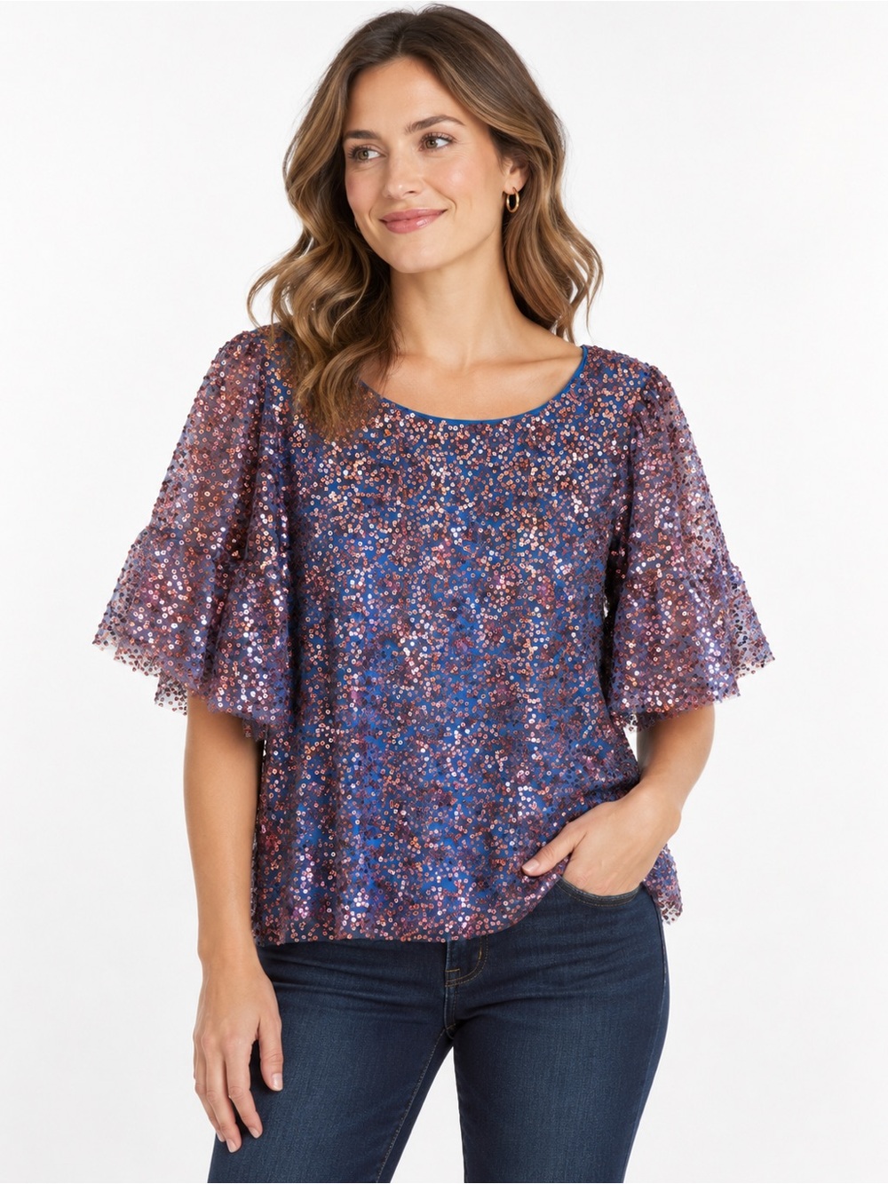 Maeve Anthropologie Womens L Blue Pink Sequin Mesh Bell Sleeve Party Top